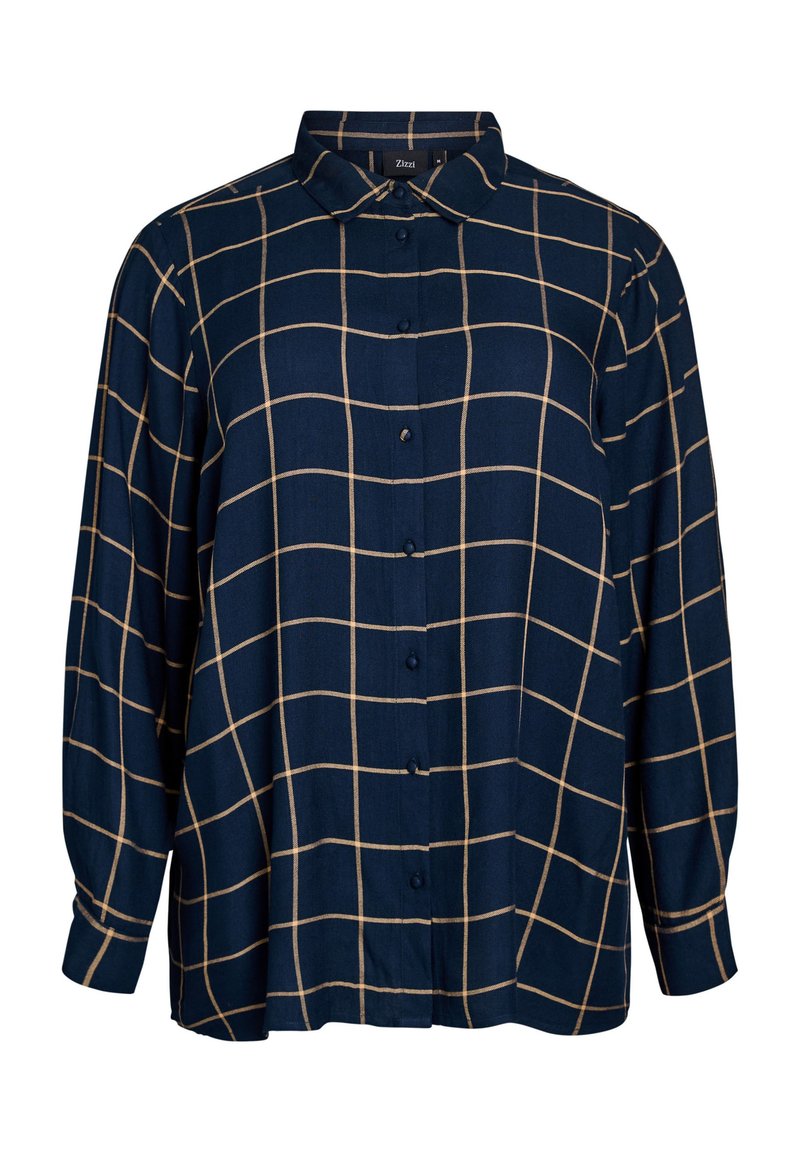 Navy blue button-up shirt with a white grid pattern, long sleeves, and a classic collar. Made of soft fabric with a relaxed fit.