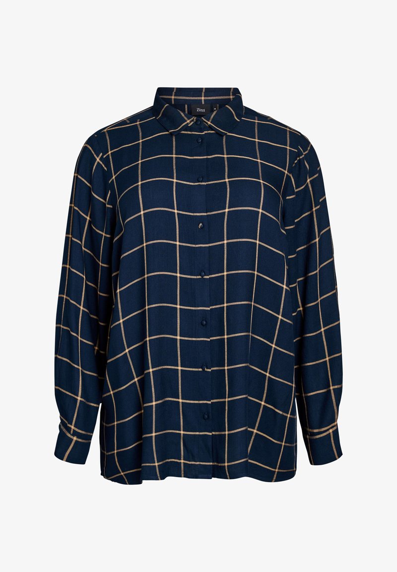 Navy blue button-up shirt with a white grid pattern, long sleeves, and a classic collar. Made of soft fabric with a relaxed fit.
