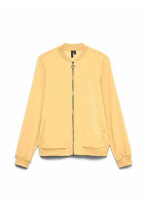 Veste bomber jaune clair avec fermeture éclair frontale, col, poignets et bas côtelés, et deux poches latérales.
