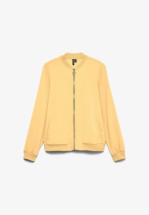 Lysegul bomberjakke med lynlås foran, ribkantet krave, manchetter og kant samt to sidelommer.