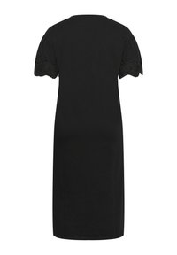 Robe noire longueur genou avec manches courtes et bordure en dentelle, vue de dos sur un fond blanc uni.
