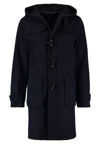 Cappotto in lana blu navy con cappuccio, chiusura a toggle, due tasche frontali e polsini con bottone. Tessuto strutturato con un design classico.