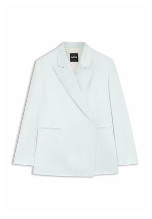 Light blue tailored blazer with notch lapels, two front pockets, and a black BOSS label inside the collar.