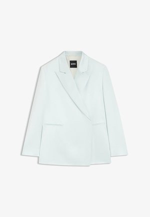 Lichtblauw op maat gemaakte blazer met inkeping revers, twee voorzakken en een zwart BOSS-label aan de binnenkant van de kraag.