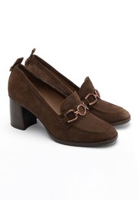 Brown suede block-heel shoes feature a pointed toe and decorative chain hardware on the vamp, with stitching accents on the upper.