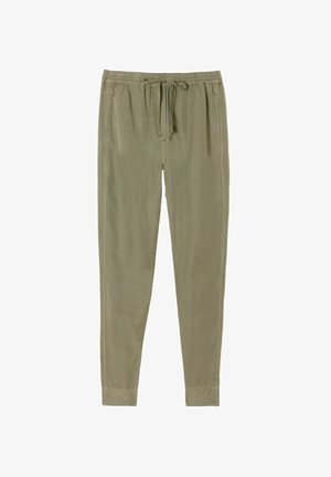 Laisvai prigludusios alyvuogių žalios spalvos sportinės kelnės, pagamintos iš minkšto medvilnės mišinio, su elastinga juosmens juosta, raišteliu ir siaurėjančiomis rankogaliais.