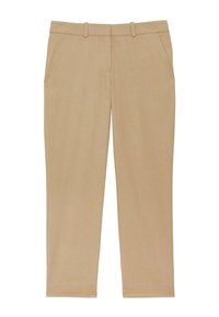 Pantalon beige en tissu lisse, avec une coupe droite, deux poches avant et une taille plate avec passants de ceinture.