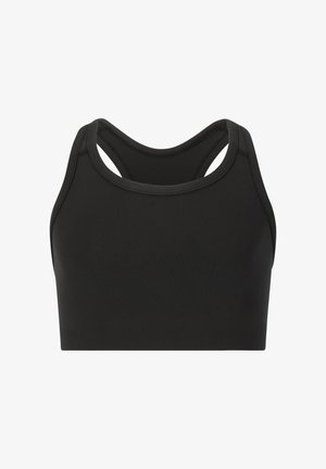 Zwart sportbeha met een nauwsluitende pasvorm, voorzien van een gladde textuur, brede bandjes en een racerback-ontwerp. Naadloze randen verhogen het comfort.