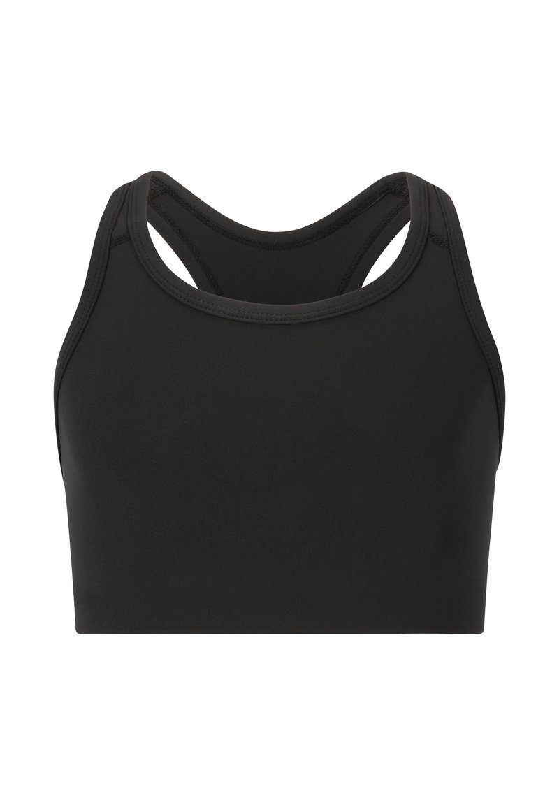 Mustapaita, joka istuu tiiviisti, sisältää sileän pinnan, leveät hihnat ja racerback-muotoilun. Saumattomat reunat lisäävät mukavuutta.