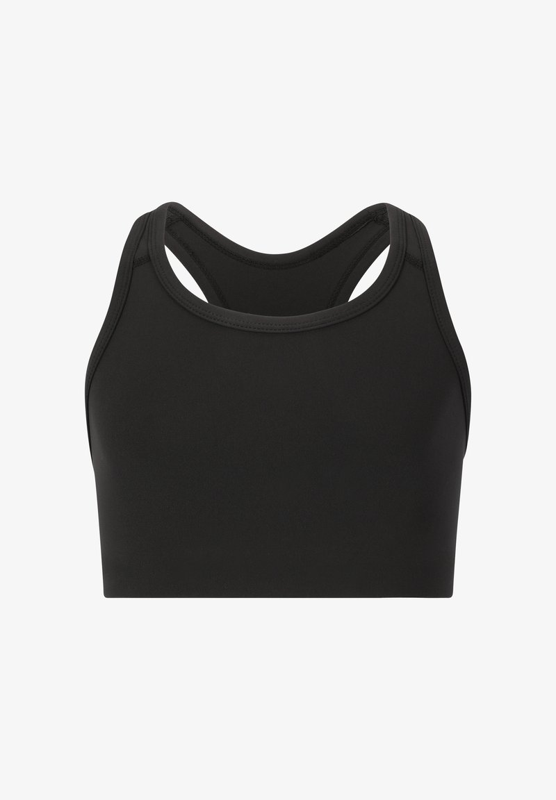 Svart sport-bh med nära passform, med en jämn textur, breda axelband och racerback-design. Sömlösa kanter ökar komforten.