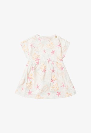Witte jurk met korte mouwen, versierd met roze en oranje zeesterren en zeewierpatronen. Aangenaam uitlopende rok met gerimpelde taille, van zacht en lichtgewicht materiaal.