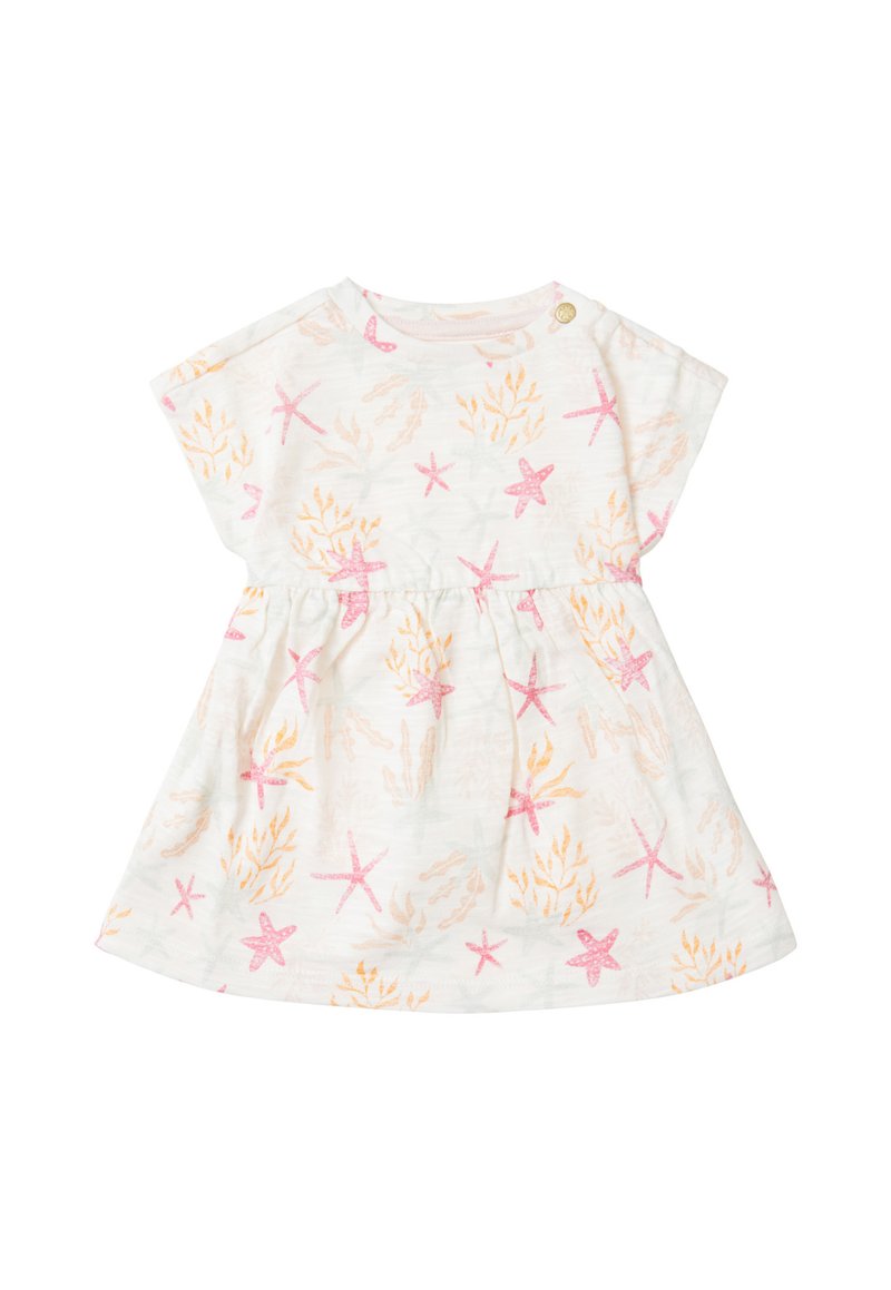 Witte jurk met korte mouwen, versierd met roze en oranje zeesterren en zeewierpatronen. Aangenaam uitlopende rok met gerimpelde taille, van zacht en lichtgewicht materiaal.