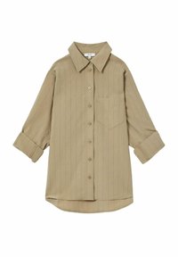 Beige långärmad skjorta med knappar, vertikala ränder och ficka på bröstet. Har en krage och uppvikta ärmar. Mjuk tygkvalitet.