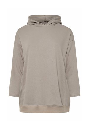 Lichtbruin oversized hoodie met lange mouwen, een trekkoordkap, en een zachte textuur. Bevat zijsplitsen en een gebande onderkant.