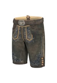 Brune lædershorts med gul syning og blå blomsterbroderi. Lynlås på siden og fem dekorative knapper i kanten.
