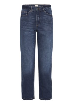 Dark blue denim jeans with a straight leg design, featuring five pockets, stitching accents, and a front button closure.