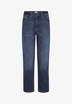 Calças de jeans de denim azul-escuro com um design de perna reta, apresentando cinco bolsos, detalhes de costura e um fecho frontal com botão.