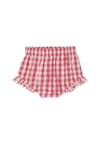 Red and white gingham patterned shorts with an elastic waistband and ruffled edges. Made of lightweight fabric, ideal for warm weather.