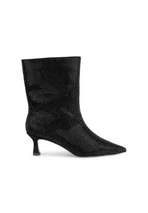 Stivale alla caviglia nero con punta affilata, realizzato in materiale a rete testurizzata, dotato di tacco kitten e un design minimalista.