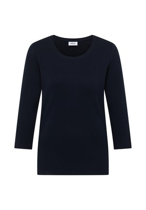 Marineblaues Langarmoberteil aus weichem Stoff mit rundem Ausschnitt und lockerem Sitz. Keine Muster oder Verzierungen vorhanden.