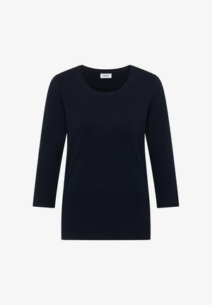 Laivastonsininen pitkähihaisen paita pehmeästä kankaasta, jossa pyöreä kaulus ja rento istuvuus. Ilman kuvioita tai koristuksia.