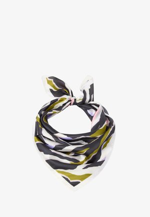 Foulard in seta a forma triangolare con un motivo audace di onde nere, verdi, rosa e lavanda su sfondo bianco.