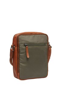 Borsa a tracolla in pelle marrone e tela verde con tracolla regolabile, tasca esterna con zip e etichetta in pelle impresso. Forma quadrata.