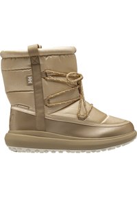 Béžová zateplená bota s polstrovaným svrškem, elastickými tkaničkami a gumovou podrážkou. Obsahuje texturované materiály a logo na boku.