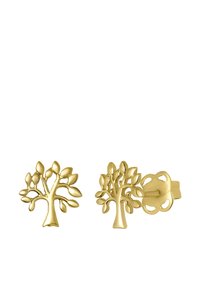 Boucles d'oreilles en forme d'arbre de couleur dorée avec des feuilles détaillées, dotées d'une fermeture arrière à tige. Texture lisse avec une finition polie.