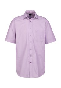 Camicia a maniche corte di colore lavanda, realizzata in cotone, con chiusura a bottoni davanti, taschino sul petto e colletto interno con motivo.