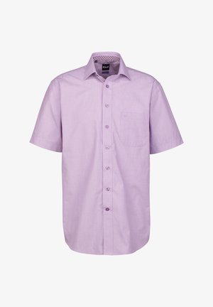 Kurzärmliges lila Hemd aus Baumwolle, mit durchgehender Knopfleiste, einer Brusttasche und einem gemusterten Innenkragen.