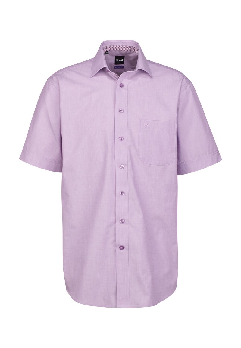 Camicia a maniche corte di colore lavanda, realizzata in cotone, con chiusura a bottoni davanti, taschino sul petto e colletto interno con motivo.
