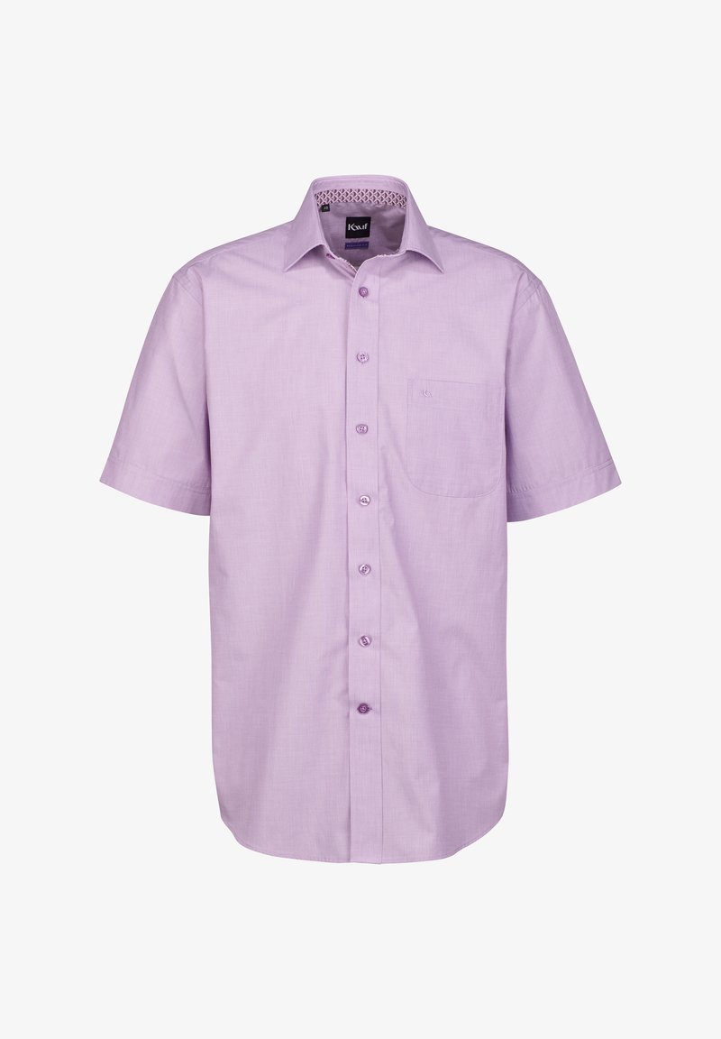 Camicia a maniche corte di colore lavanda, realizzata in cotone, con chiusura a bottoni davanti, taschino sul petto e colletto interno con motivo.