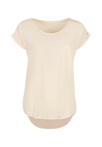 Helles beige T-Shirt mit kurzen Ärmeln und rundem Ausschnitt, weichem Material, geschwungenem Saum und aufgerollten Ärmeln. Lässige Passform und nahtloses Design.