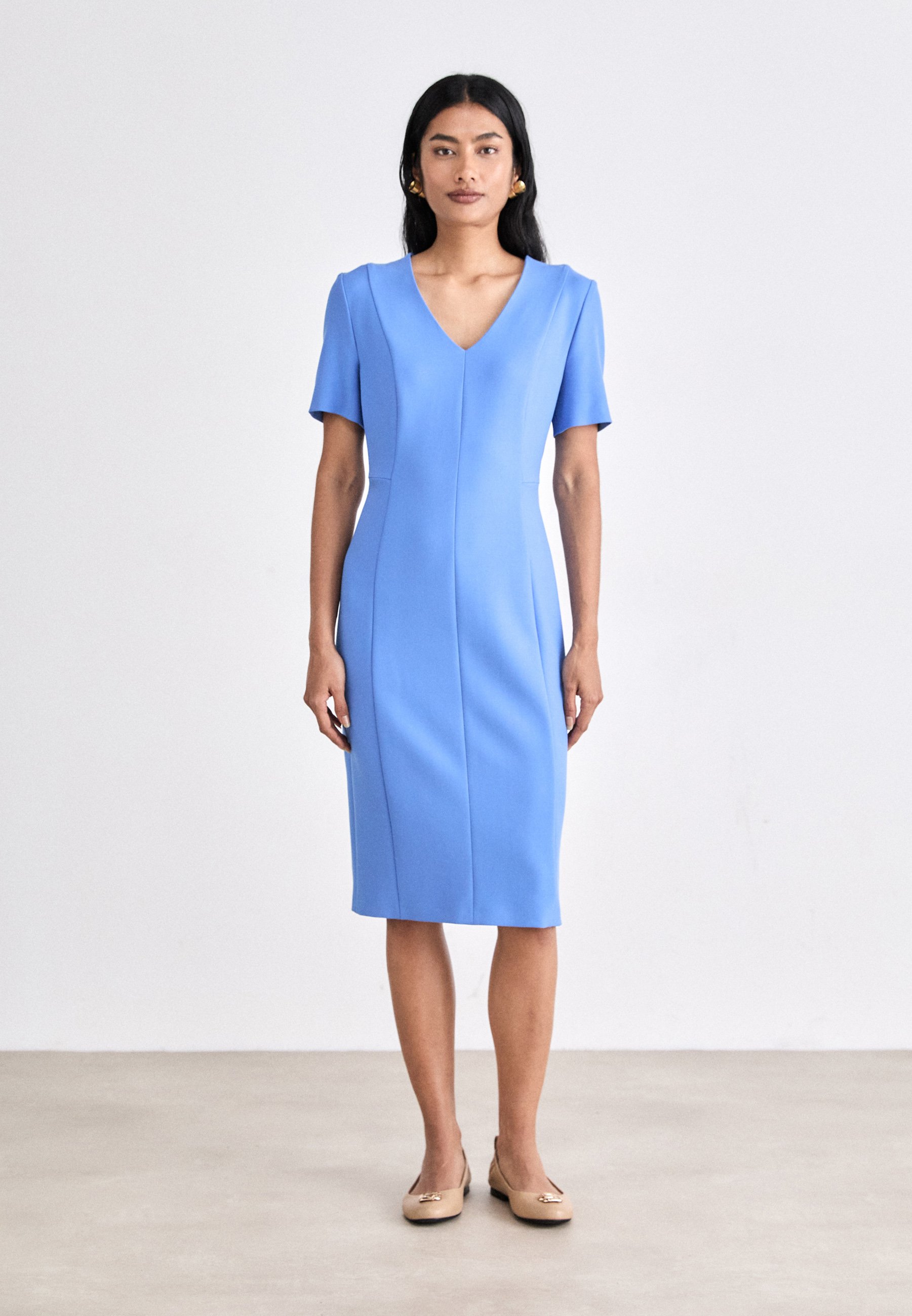 bright blue shift dress Boat Neck Shift Dress with Short Sleeves in Plain Royal Blue Wool Fail   Lalage Beaumont