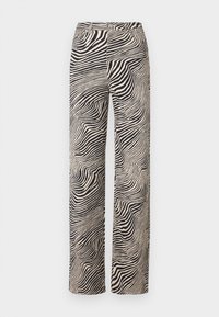 Pantalones de pierna ancha en un tejido beige claro con un llamativo patrón de rayas onduladas negras. Diseño de cinco bolsillos y trabillas para cinturón incluidas.