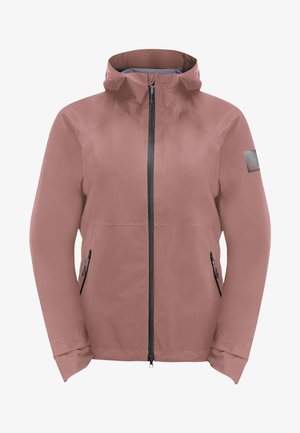 Dames waterdichte jas in stoffige rozenkleur met capuchon, ritssluiting aan de voorkant, ritssluiting in de zijzakken en logopatch op de linkermouw.