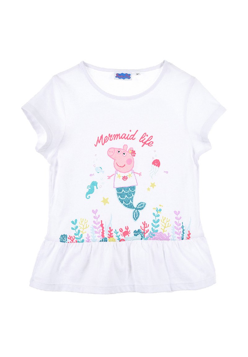 Witte t-shirt met korte mouwen, voorzien van een kleurrijke zeemeerminafbeelding met details van koraal en zeedieren aan de zoom. Zacht katoen materiaal, met een gerimpelde onderkant.