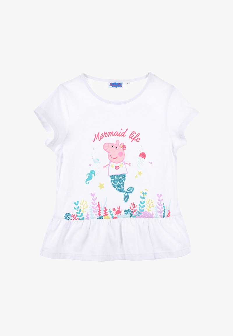 Weißes T-Shirt mit kurzen Ärmeln, das eine bunte Meerjungfrau-Grafik mit Details von Korallen und Meeresleben am Saum zeigt. Hergestellt aus weichem Baumwollmaterial, mit gerüschtem Saum.