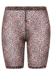 Luipaardprint fietsshorts van een gladde, rekbare stof. Met een hoge tailleband en een nauwsluitend ontwerp. Kleuren zijn verschillende tinten bruin en zwart.