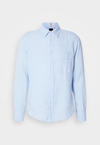 Camicia azzurro chiaro a maniche lunghe in lino, con chiusura a bottoni, colletto e taschino sul petto. Finitura testurizzata con dettagli sottili.
