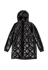 Czarna, pikowana kurtka puchowa z kapturem, z przodu zamek błyskawiczny, ściągacze, elastyczne mankiety oraz dwie boczne kieszenie. Gładka, błyszcząca tekstura.