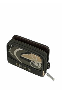 Billetera negra con un diseño floral brillante en gris y dorado. Cuenta con un cierre de cremallera y una etiqueta con el nombre de la marca "Anekke" en el lateral.
