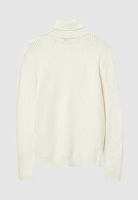 Ecrufarbener gestrickter Rollkragenpullover mit langen Ärmeln und gerippten Bündchen, Saum und Kragen, von hinten auf einem grauen Hintergrund gezeigt.