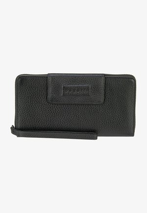 Portafoglio in pelle nera con finitura testurizzata, chiusura con zip e bottone a pressione. Presenta una patch con il marchio al centro. Include un lungo cinturino per il polso.
