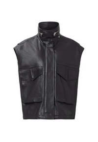 Gilet in pelle nera senza maniche, caratterizzato da un alto colletto, zip frontale e due grandi tasche sul petto. Texture liscia con design minimalista.