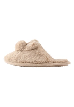Beige, fløjlsblød hjemmesko med to pomponer på toppen og en flad sål, designet til indendørs brug.