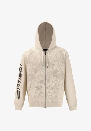 Beige Zip-Hoodie mit Kapuze, ausgestattet mit einem großen grafischen Design von Schädeln und Schwalben sowie strukturierten, gerippten Bündchen und Saum.