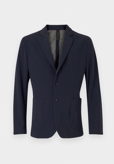 Marinblå blazer i slät tyg, med en knappknäppning, två framfickor och en subtil strukturerad innerfoder.