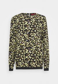 Langärmelige schwarze Bluse mit einem verstreuten Blumenmuster in Gelb, Braun, Grau und Hellblau, mit Rundhalsausschnitt und Knopfverschluss hinten.